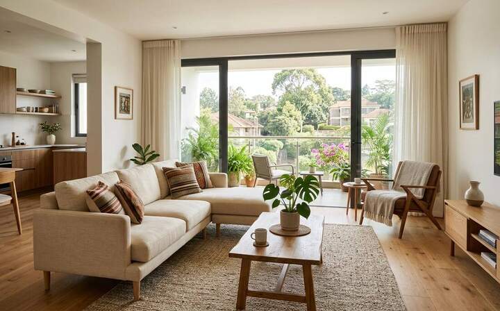 A bright furnished sitting room opening onto a balcony. Illustrative photograph, not a listing.