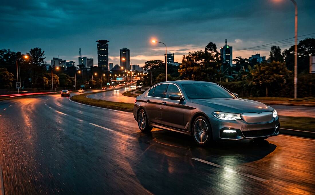 A silver sedan on a Nairobi road at dusk with headlights on. Illustrative photograph for the Kamau Auto Care example page — not a photo of the business.