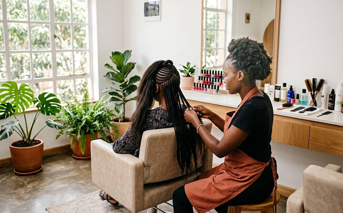 A stylist braiding a seated client's hair in a bright salon. Illustrative photograph for the Mary's Beauty Studio example page — not a photo of the business.